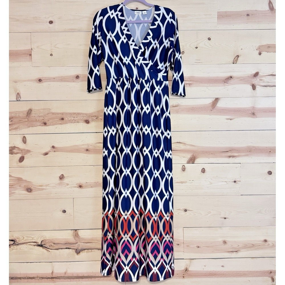 Cato‎ Dress Womens Medium Navy White Geometric Maxi Stretch V Neck 3/4 Sleeve